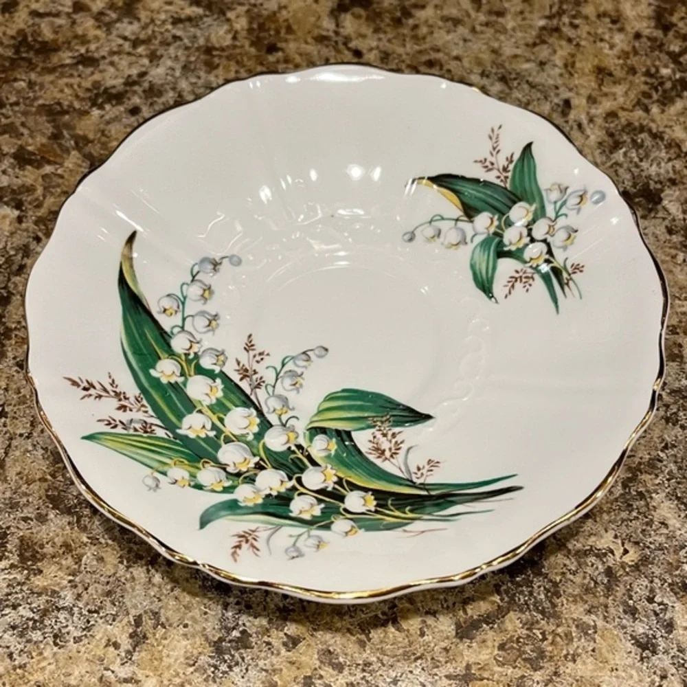 Vintage Old Royal Lily of the Valley Floral Bone China Saucer Gold Trim England